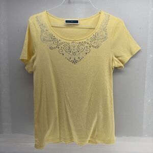 Karen Scott Women Yellow Scoop Neck with Crystal Detail Short-Sleeve T-Shirt L